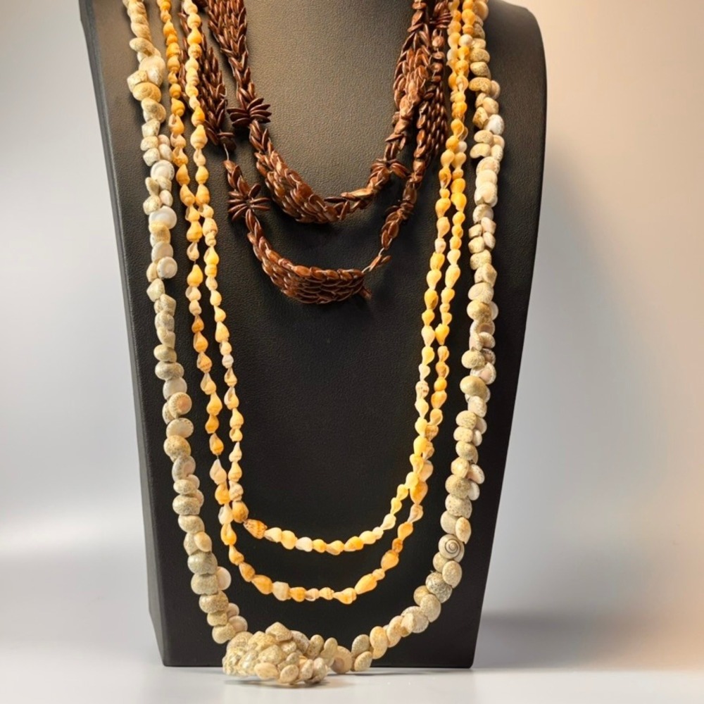 Vintage Shell Seed Necklace Brown Tan Boho Statement Beach Tropical Jewelry Lot